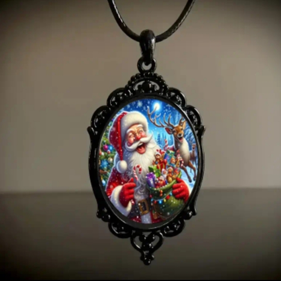 Holiday Santa & Reindeer Pendant W/Black Necklace. NWOT - Picture 2 of 3